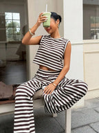 Women's Striped Sleeveless Top and Wide Leg Pants Relaxed Matching Set