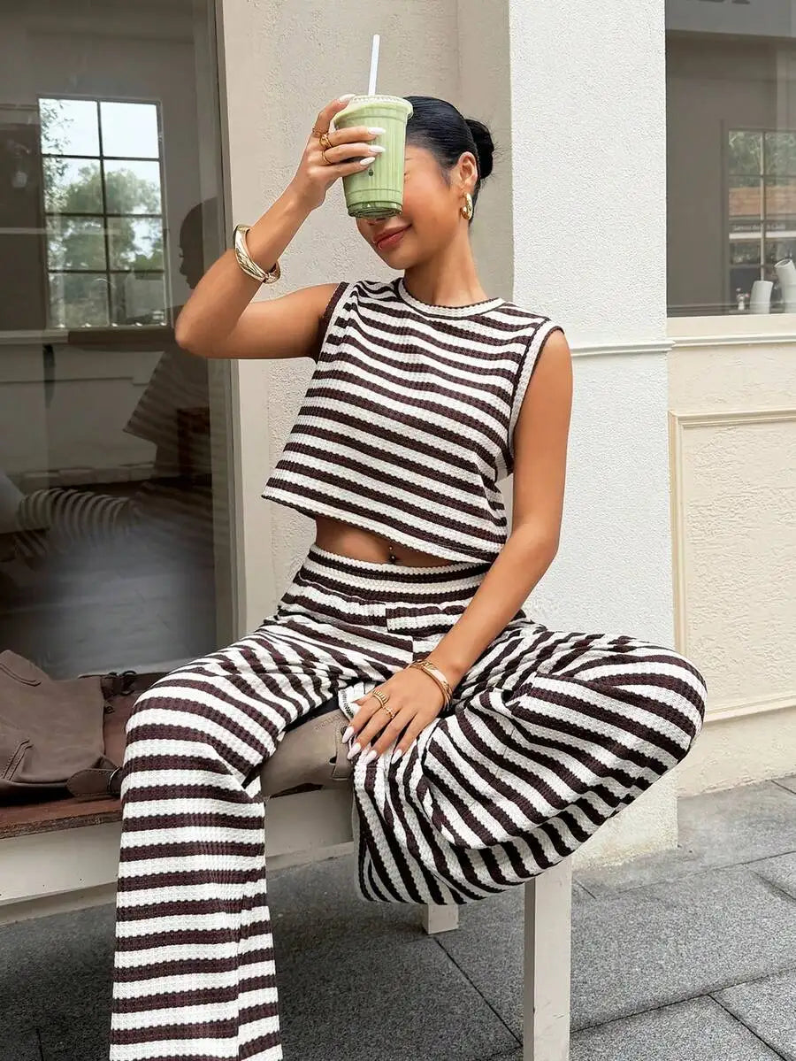 Women's Striped Sleeveless Top and Wide Leg Pants Relaxed Matching Set