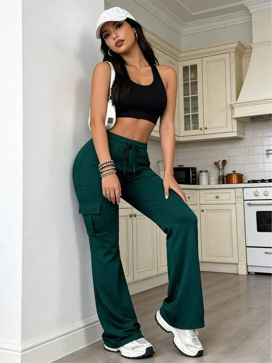 High Waist Cargo Flare Pants with Drawstring Waist Relaxed Streetwear Wide Leg Fit