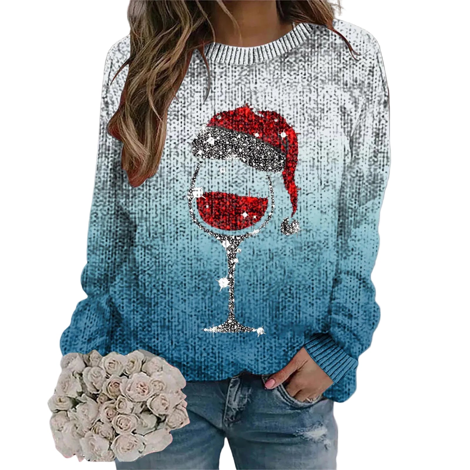 Women's Festive Graphic Crew Neck Thick Knit Pullover Sweater With Relaxed Fit