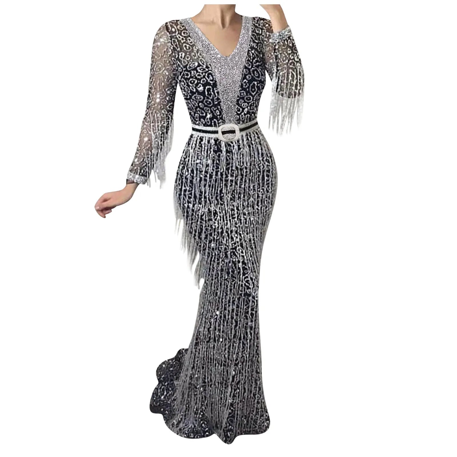 Sequin Fringe Maxi Dress with Long Sleeves and Figure-Hugging Silhouette