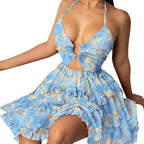 Tropical Ruffle Mini Dress with Playful Manga-Inspired Styling