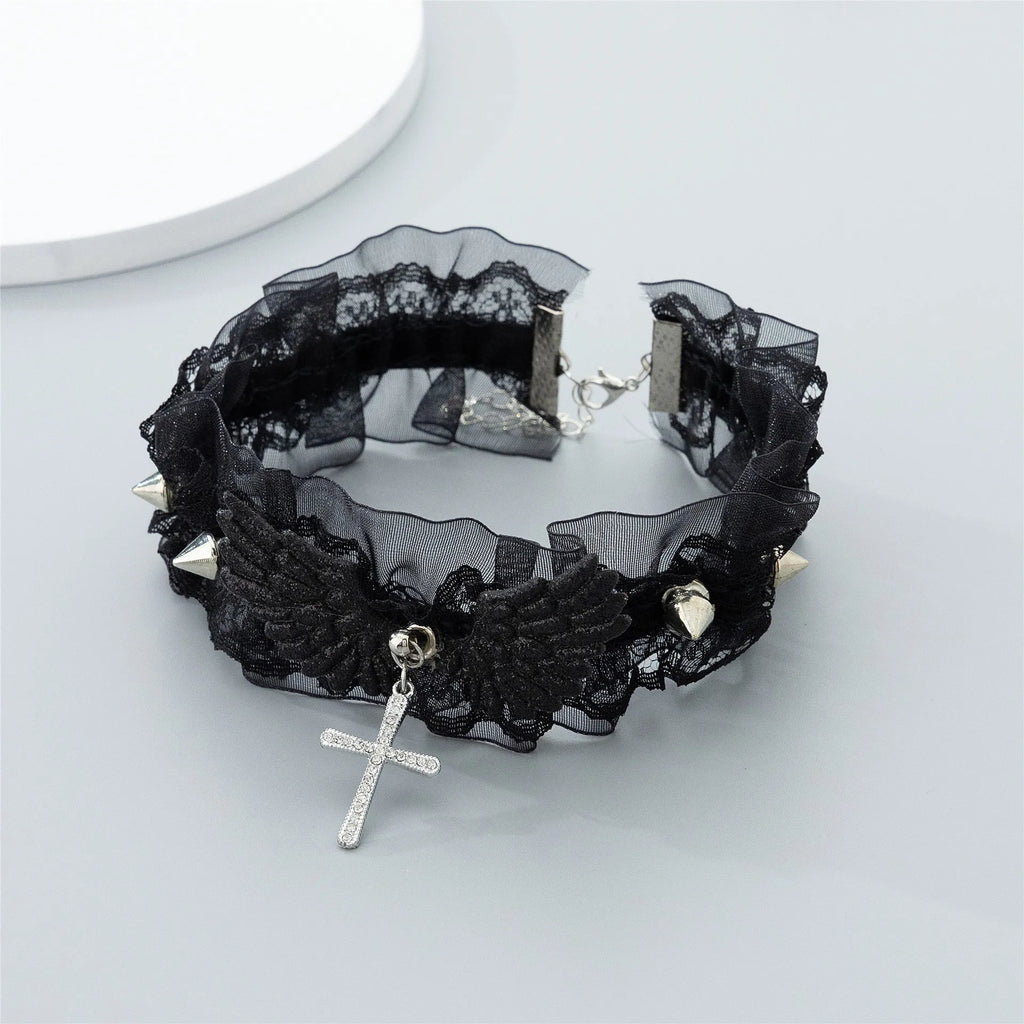 Vintage Lace Wing Bow Choker Necklace with Gothic Heart Pendant Accent