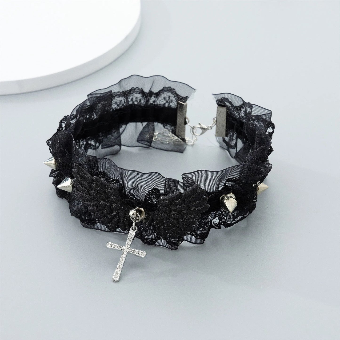 Vintage Lace Wing Bow Choker Necklace with Gothic Heart Pendant Accent