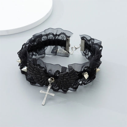 Vintage Lace Wing Bow Choker Necklace with Gothic Heart Pendant Accent