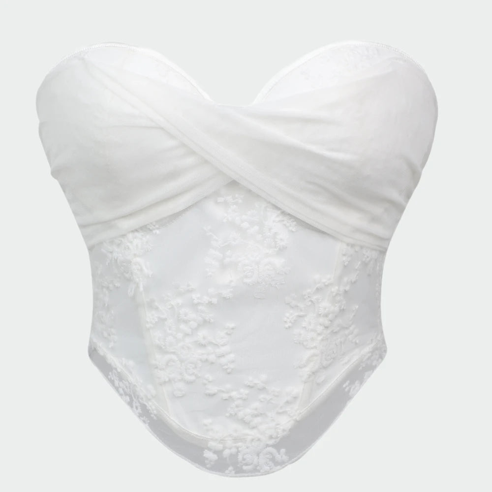 Ethereal White Strapless Corset with Draped Sweetheart Bodice and Lace Overlay