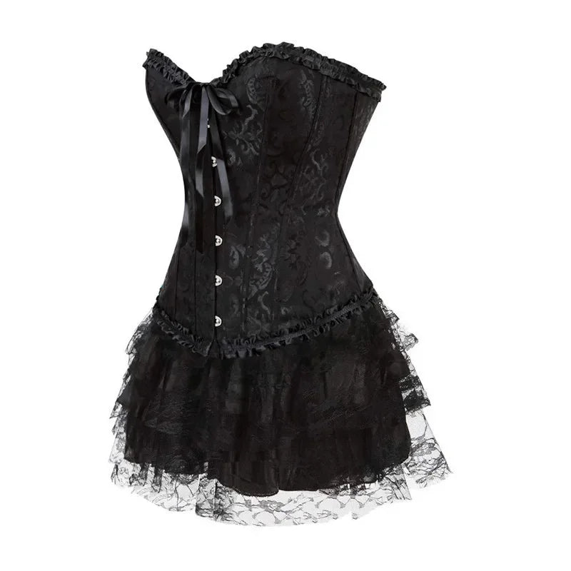 Ruffle Hem Overbust Corset Dress with Lace-Up Front and Layered Skirt