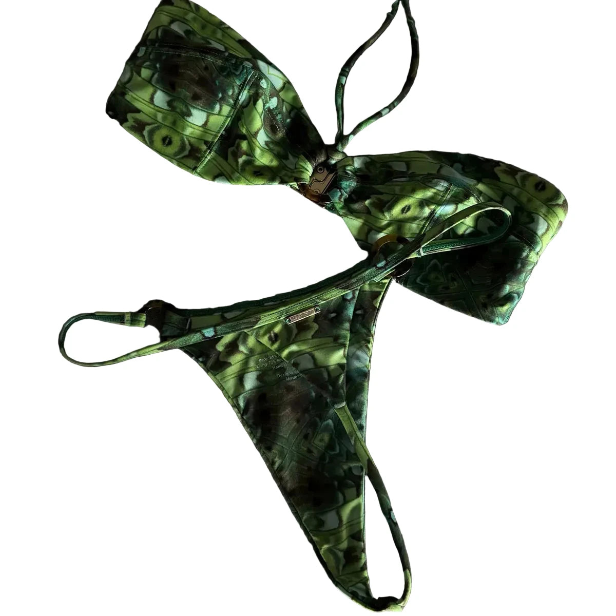 Deep Emerald Mottled Print String Bikini Set with Minimalist Tie Closures