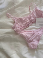 Minimalist Light Pink Wire-Free Lounge Bralette and Brief Set with Delicate Lace Edging