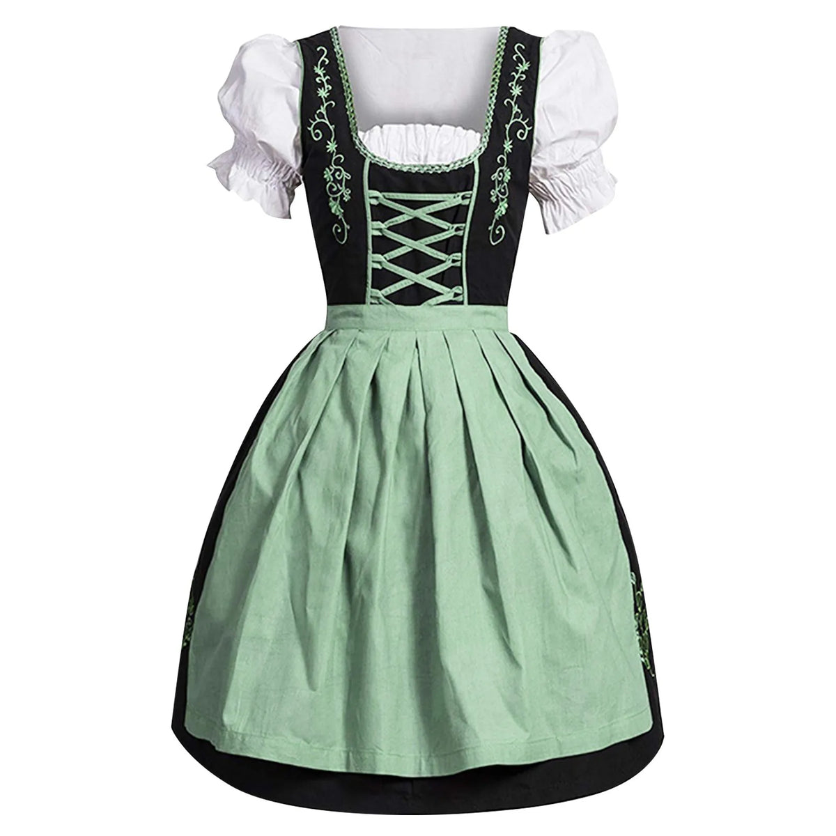Traditional Bavarian-Inspired Dirndl Dress with Lace-Up Bodice and Puff Sleeves