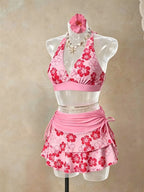Vibrant Pink Floral Halter Bikini Set with Wide Banded Top