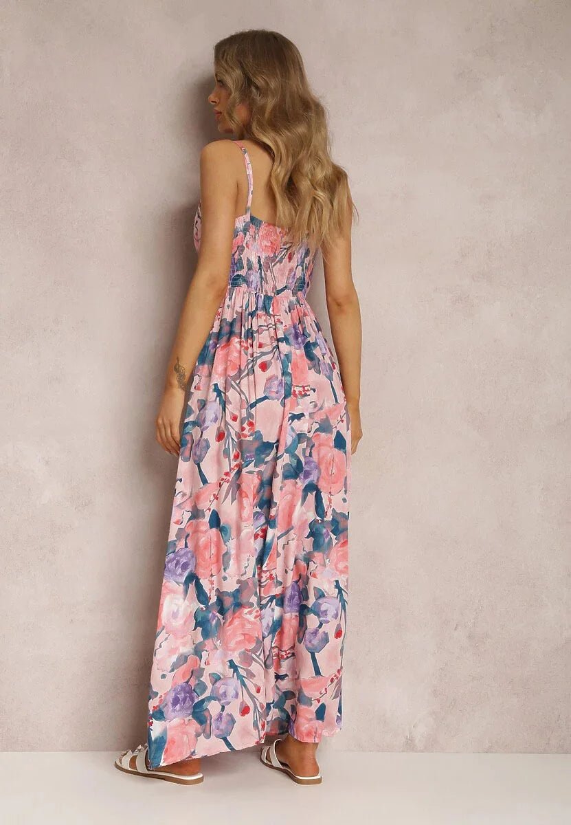 Romantic Watercolor Floral V-Neck Maxi Dress with Tie Waist