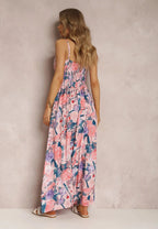 Romantic Watercolor Floral V-Neck Maxi Dress with Tie Waist