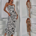 Animal Print Bodycon Maxi Slip Dress with Backless Lace-Up Streetwear Styling