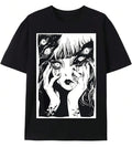 Anime Goth Vintage Graphic T-Shirt with Distressed Manga Portrait Artwork