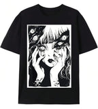 Anime Goth Vintage Graphic T-Shirt with Distressed Manga Portrait Artwork