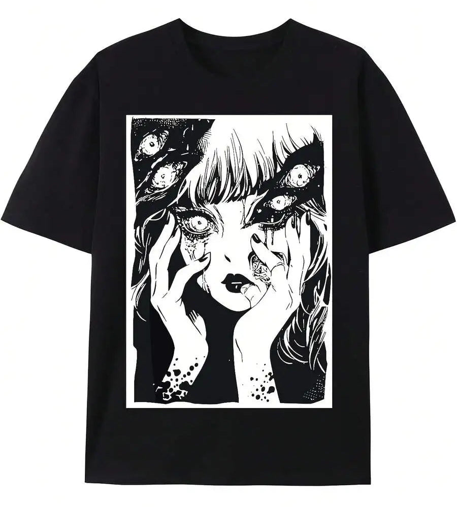 Anime Goth Vintage Graphic T-Shirt with Distressed Manga Portrait Artwork