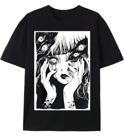 Anime Goth Vintage Graphic T-Shirt with Distressed Manga Portrait Artwork