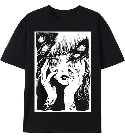Anime Goth Vintage Graphic T-Shirt with Distressed Manga Portrait Artwork