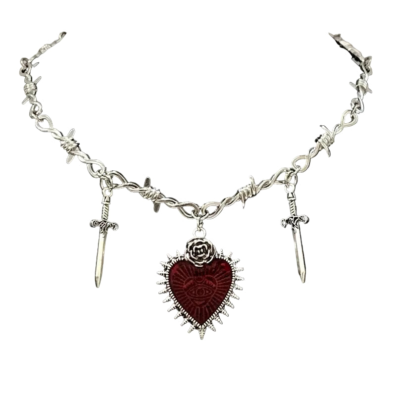 Vintage Gothic Heart Sword Pendant Choker Necklace with Alternative Charm Details