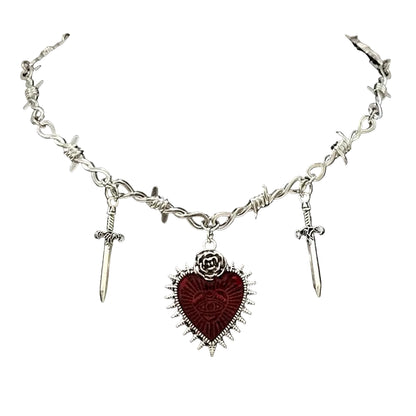 Vintage Gothic Heart Sword Pendant Choker Necklace with Alternative Charm Details