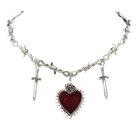 Vintage Gothic Heart Sword Pendant Choker Necklace with Alternative Charm Details