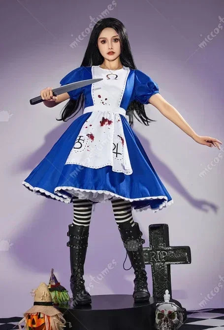Women's Classic Maid-Inspired Dress Set with Apron, Bow, Belt and Striped Thigh-High Socks
