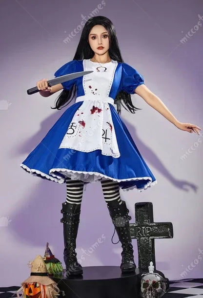 Women's Classic Maid-Inspired Dress Set with Apron, Bow, Belt and Striped Thigh-High Socks