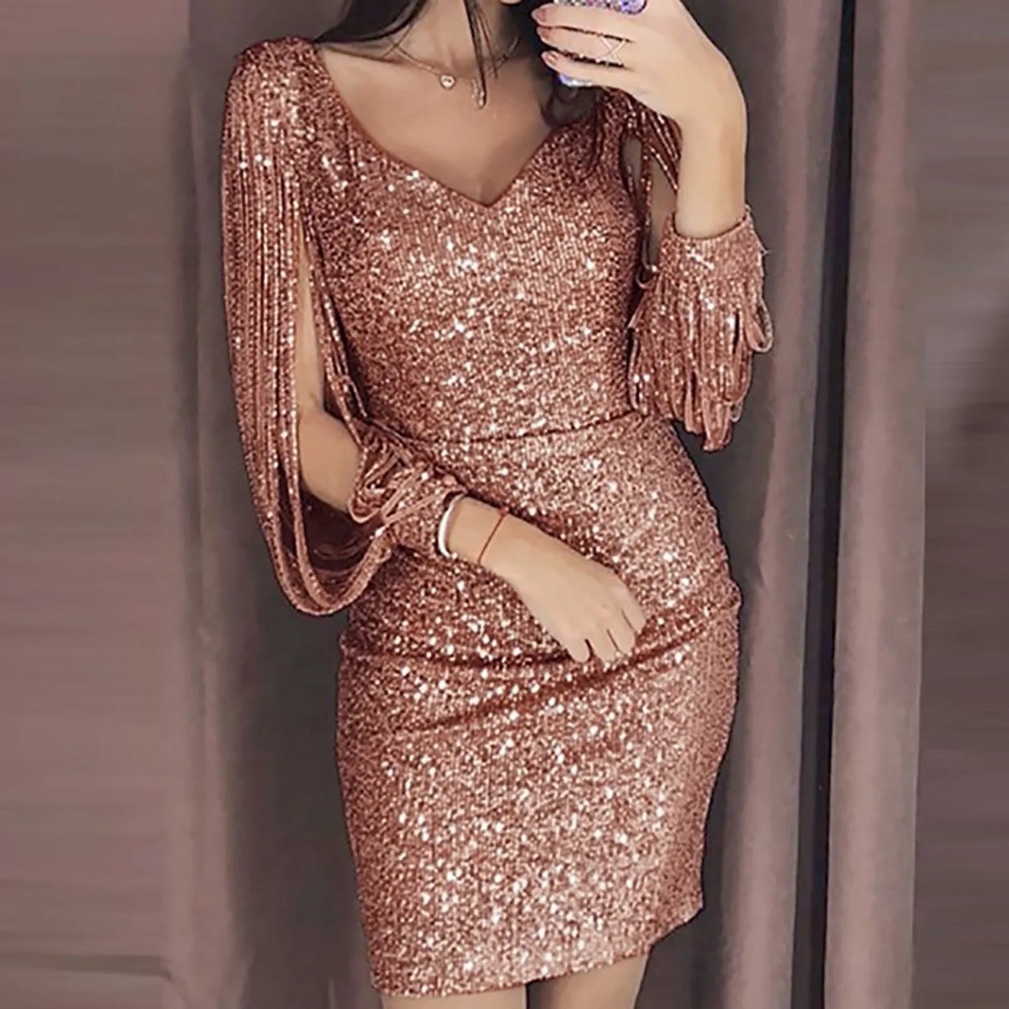 Sequin Bodycon Mini Dress with Draped Sleeves and Figure-Hugging Fit