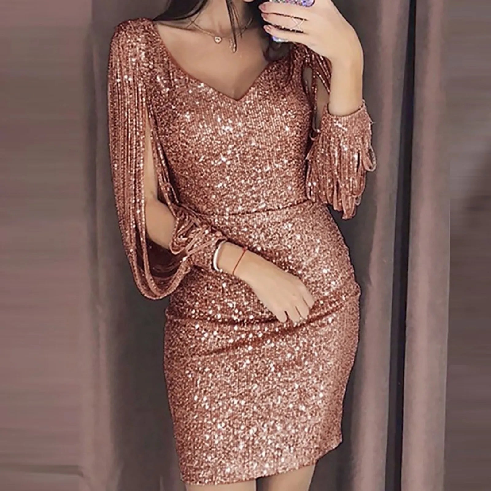 Sequin Bodycon Mini Dress with Draped Sleeves and Figure-Hugging Fit