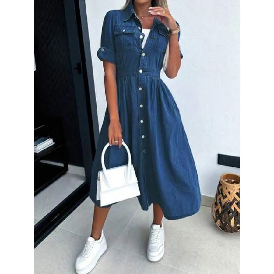 Button Front Denim Shirt Dress with Short Sleeves and Utility Pockets