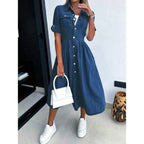 Button Front Denim Shirt Dress with Short Sleeves and Utility Pockets