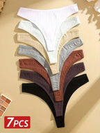 7-Piece Women’s Ribbed Low-Rise Thong Set with Solid Colors, Minimal G-String Silhouette and Soft Everyday Styling