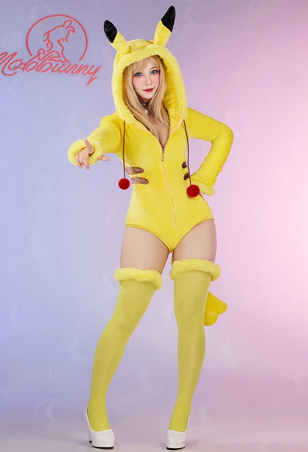 Women's Hooded Plush Romper with Animal Ear Hood, Tail and Matching Thigh-High Socks