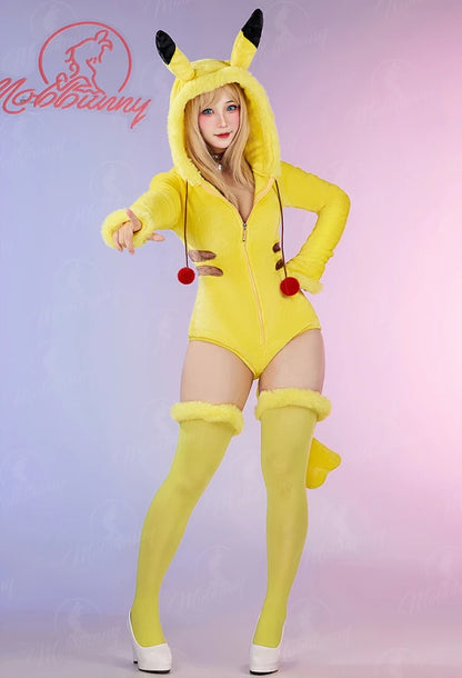 Women's Hooded Plush Romper with Animal Ear Hood, Tail and Matching Thigh-High Socks