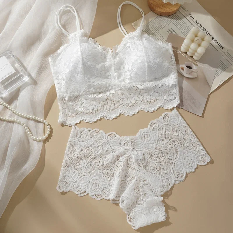 Botanical Embroidered Lace Racerback Bralette and Scalloped Lace Boyshort Set