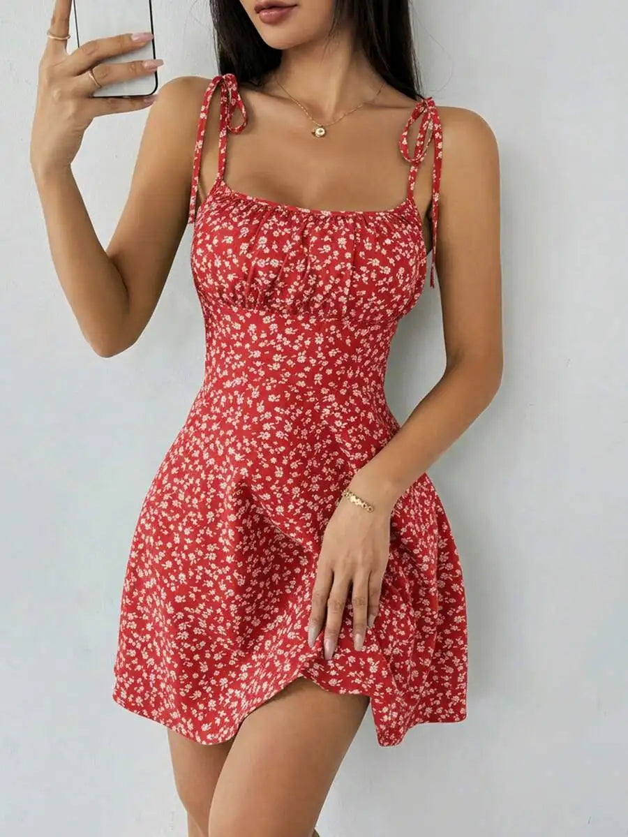 Floral Print Tie Strap A-Line Mini Dress with Lightweight Summer Silhouette