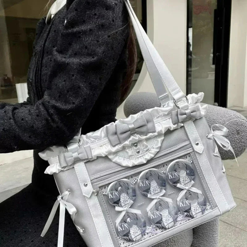 Decorative Window Tote Shoulder Bag with Utility Pocket Styling