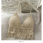 Women's Crochet Halter Neck Backless Crop Top with Tassel Detail for Summer Streetwear Style
