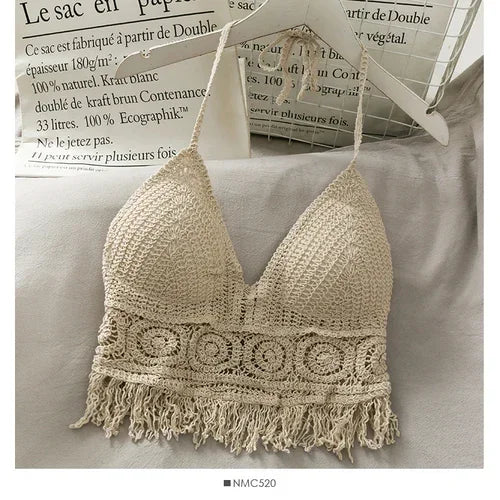 Women's Crochet Halter Neck Backless Crop Top with Tassel Detail for Summer Streetwear Style