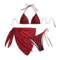 Solid Crimson Three-Piece Triangle Bikini Set with Sheer Mesh Wrap Skirt