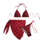 Solid Crimson Three-Piece Triangle Bikini Set with Sheer Mesh Wrap Skirt