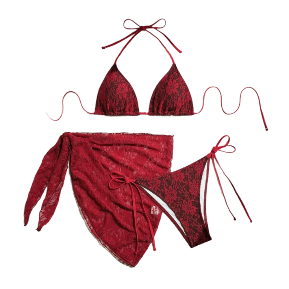 Solid Crimson Three-Piece Triangle Bikini Set with Sheer Mesh Wrap Skirt