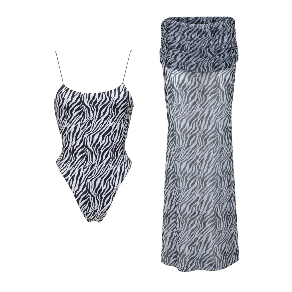 Three-Piece Zebra Print Swimwear Set with Matching Sheer Mesh Pants