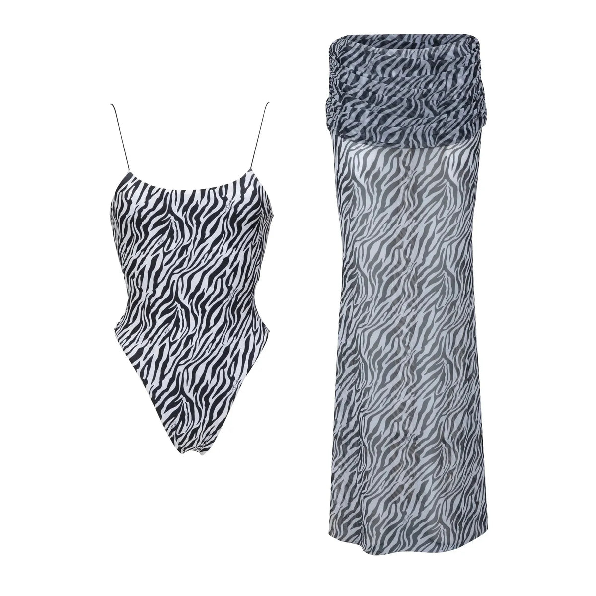Three-Piece Zebra Print Swimwear Set with Matching Sheer Mesh Pants