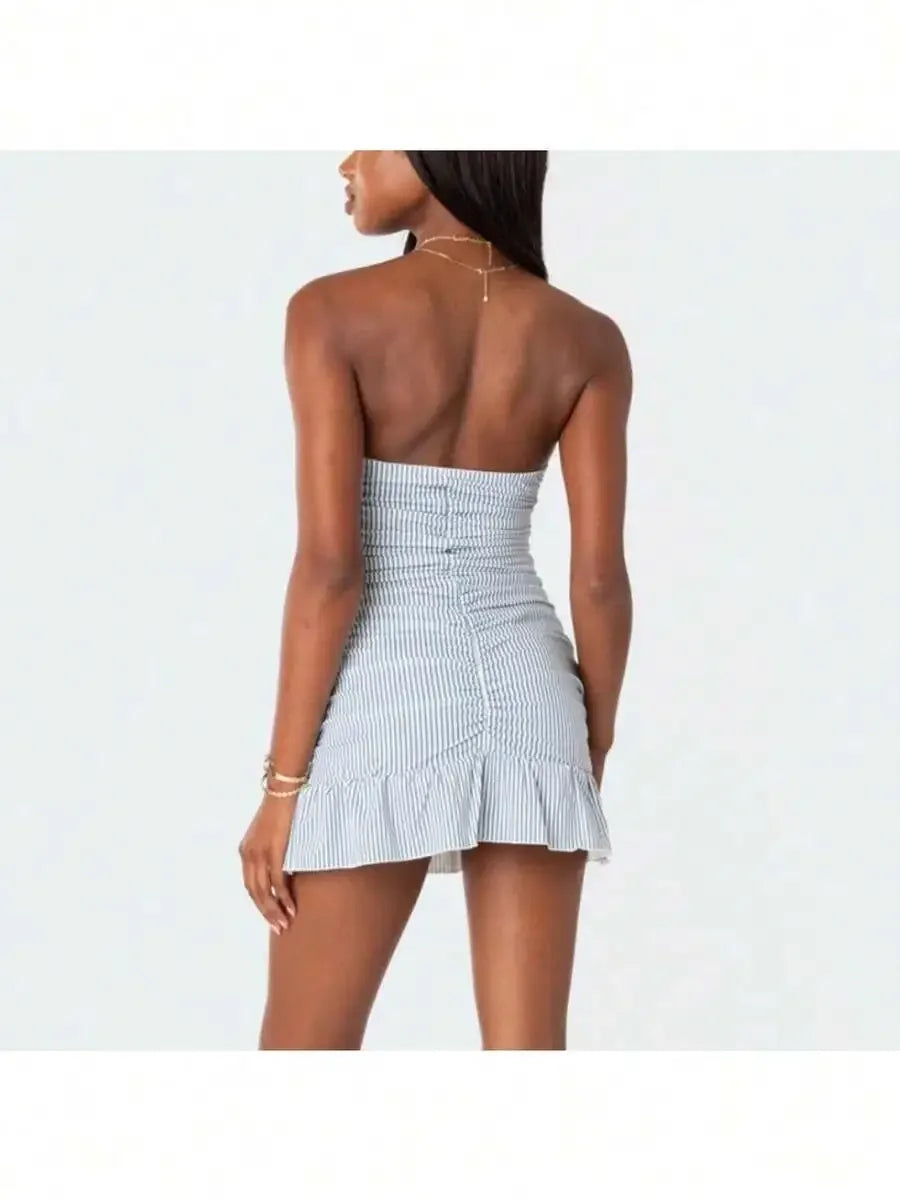 Strapless Pleated Mini Dress with Textured Stripe and Flared Shape