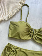 Olive Green Bandeau Bikini Set with Center Hardware and Ruched Detailing