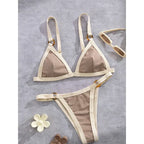 Textured Taupe Bikini with Contrast White Piping and Hardware Accents