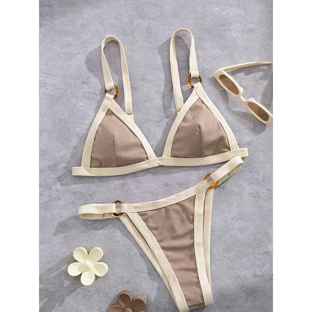 Textured Taupe Bikini with Contrast White Piping and Hardware Accents