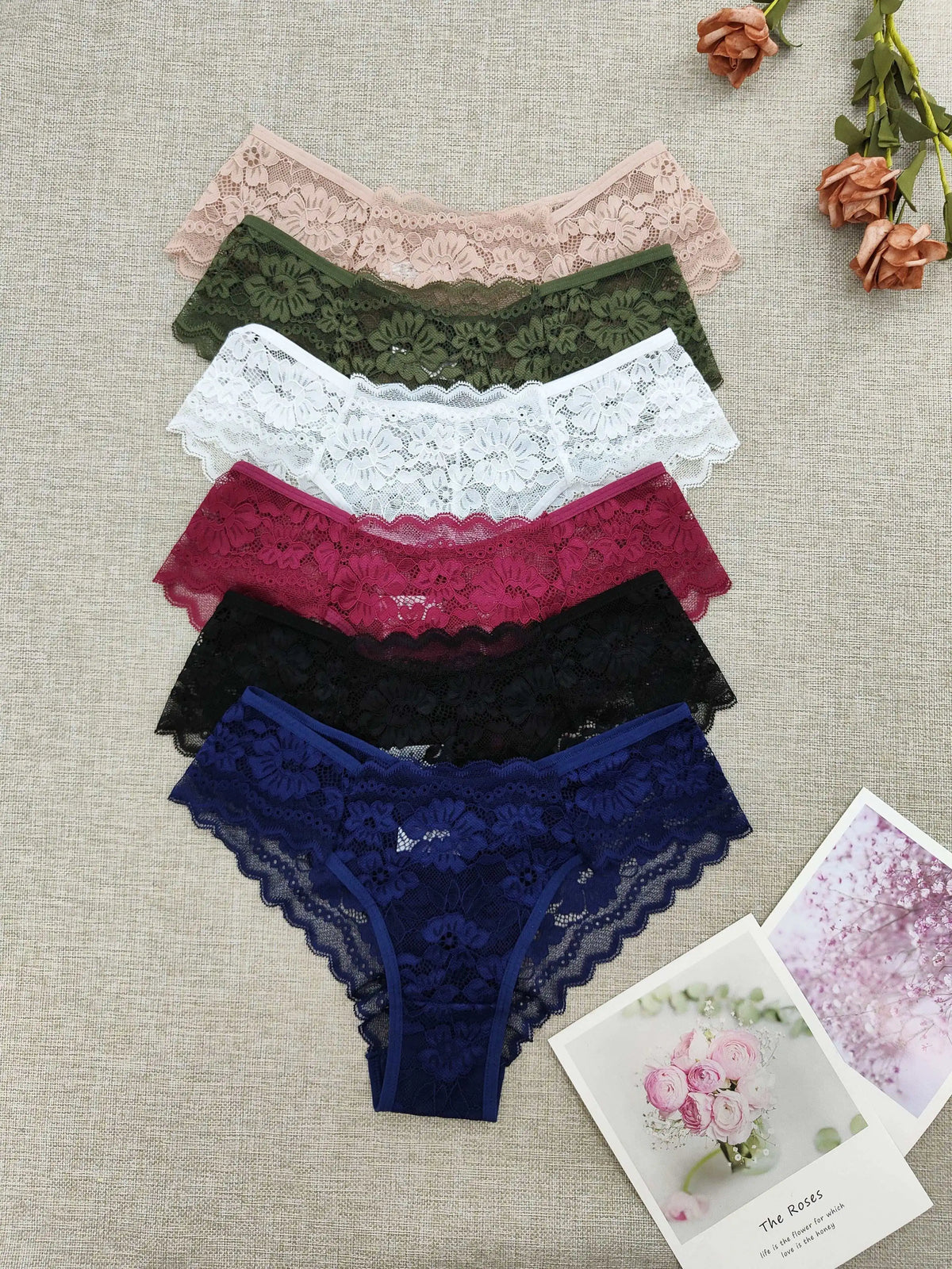 6-Piece Women’s Sheer Lace-Style Bikini Briefs Set with Solid Colors, Floral-Inspired Texture and Delicate Feminine Finish